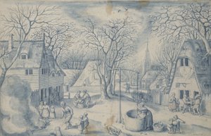 A Village Scene: Winter, 1500-tallet (pensel og blå akvarell)